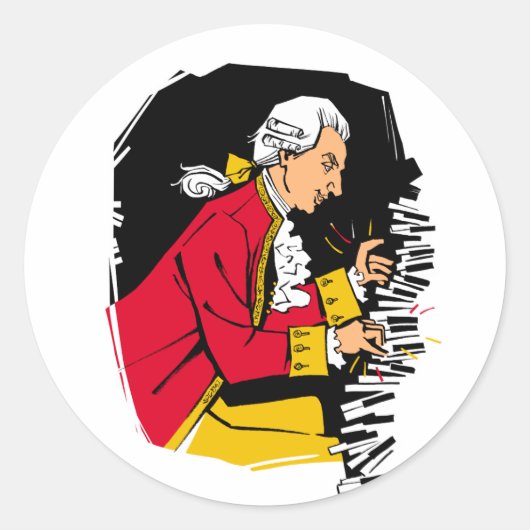 Mozart speelt piano ronde sticker (Voorkant)