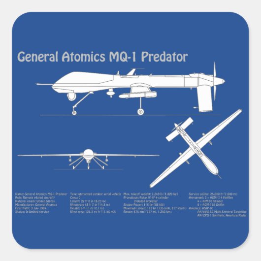 MQ-1 Predator UAV- Vliegtuigblauwdruk ABD Vierkante Sticker (Voorkant)