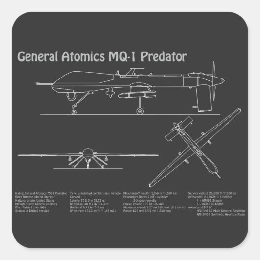 MQ-1 Predator UAV- Vliegtuigblauwdruk PD Vierkante Sticker (Voorkant)