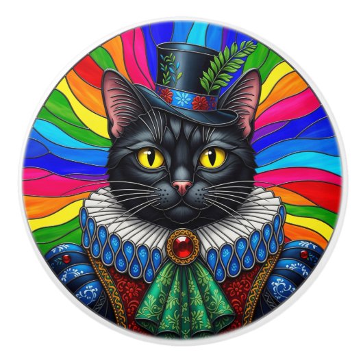 Mr Cat, Victorian Black Cat in Hat Keramische Knop (Voorkant)