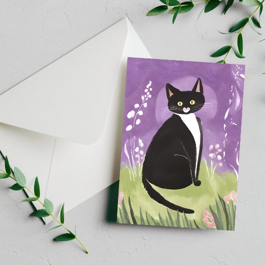 Mr Chonk | Tuxedo Cat Paarse Waterverf Briefkaart