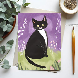 Mr Chonk | Tuxedo Cat Paarse Waterverf Briefkaart