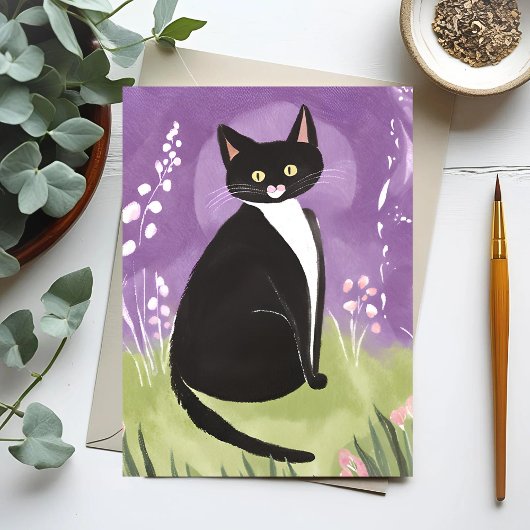 Mr Chonk | Tuxedo Cat Paarse Waterverf Briefkaart