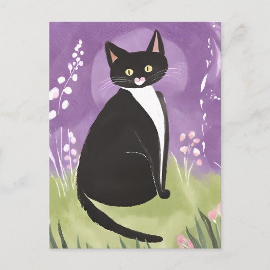 Mr Chonk | Tuxedo Cat Paarse Waterverf Briefkaart (Voorkant)