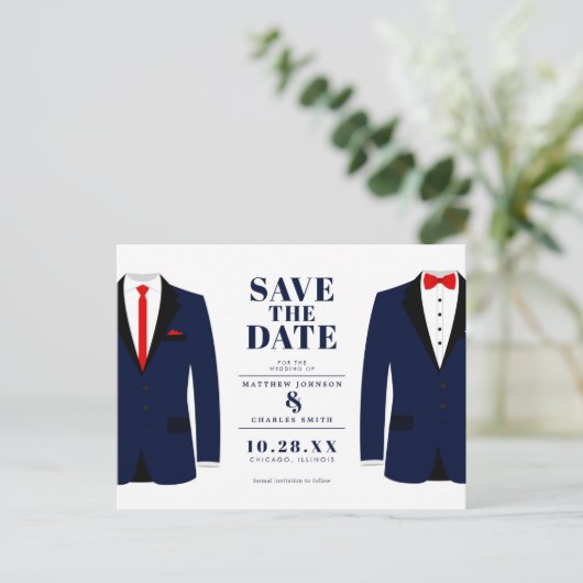 Mr. & de heer Modern Wedding Navy Tux - Bewaar de  Briefkaart (Staand voorkant)