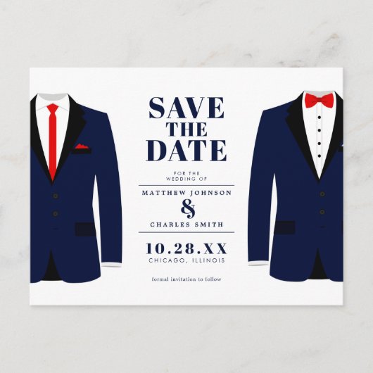 Mr. & de heer Modern Wedding Navy Tux - Bewaar de Briefkaart (Voorkant)