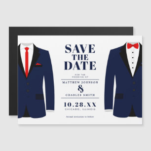 Mr. & de heer Modern Wedding Navy Tux - Bewaar de  Magnetische Uitnodiging