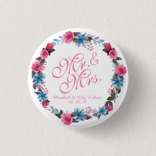 Mr. en mevrouw Elegant Floral Wedding Button (Voorkant)