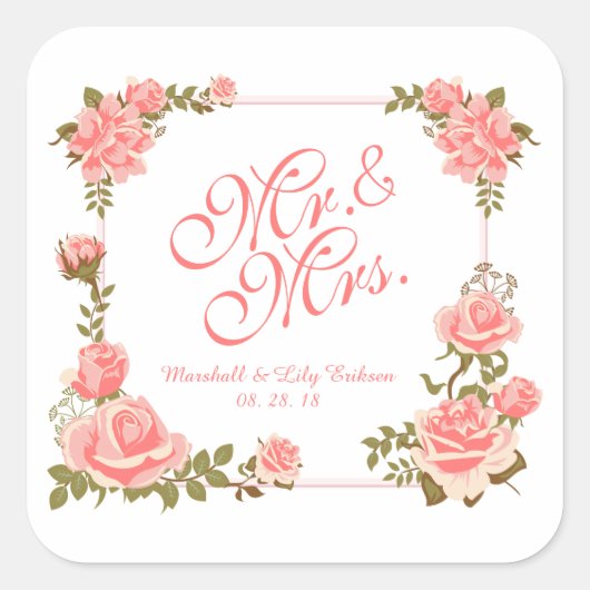 Mr. en mevrouw Elegant Floral Wedding Sticker Seal (Voorkant)