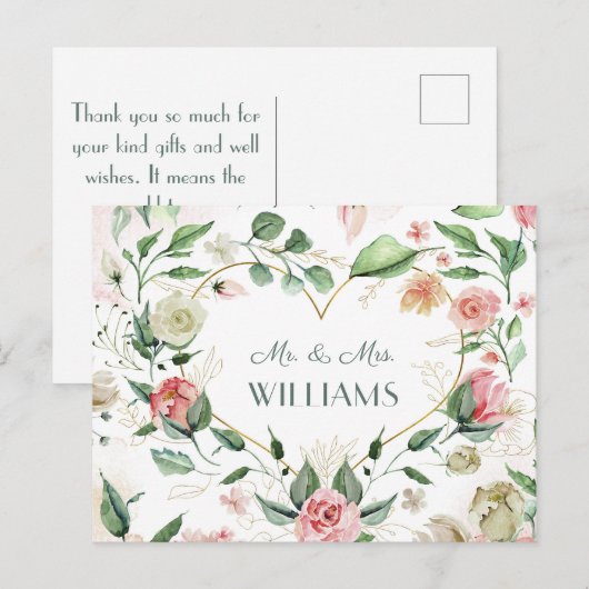 Mr. en mevrouw Elegant Pink Floral Gold Heart Wedd Briefkaart (Voorkant / Achterkant)