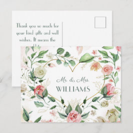 Mr. en mevrouw Elegant Pink Floral Gold Heart Wedd Briefkaart