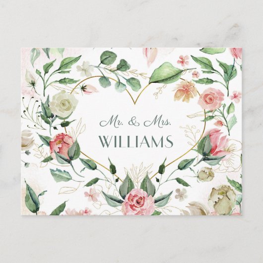 Mr. en mevrouw Elegant Pink Floral Gold Heart Wedd Briefkaart (Voorkant)