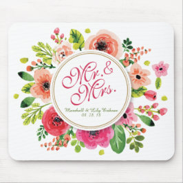 Mr. en mevrouw Floral Waterverf Wedding | Mousepad Muismat
