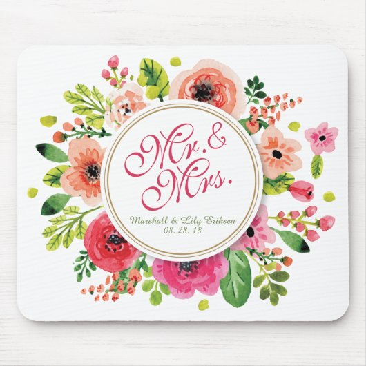 Mr. en mevrouw Floral Waterverf Wedding | Mousepad Muismat (Voorkant)