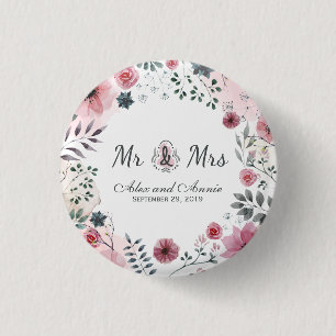 Mr. en mevrouw Floral Waterverf Wedding   Pin-Butt Ronde Button 3,2 Cm