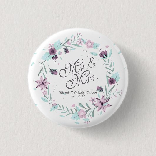 Mr. en mevrouw Floral Waterverf Wedding Pin Button (Voorkant)