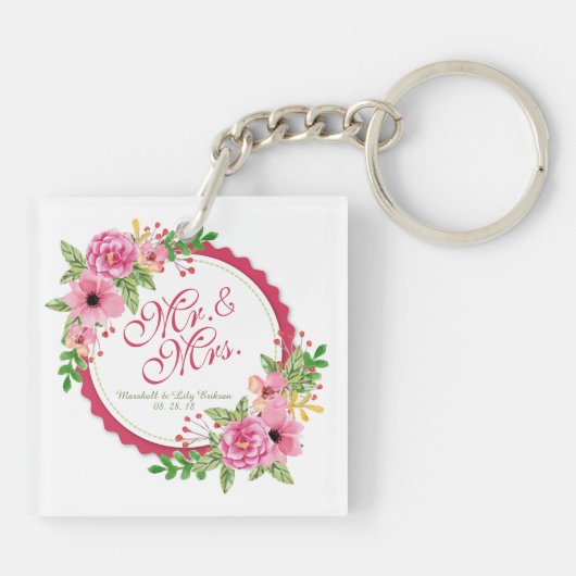 Mr. en mevrouw Floral Waterverf Wedding Sleutelhan Sleutelhanger (Achterkant)
