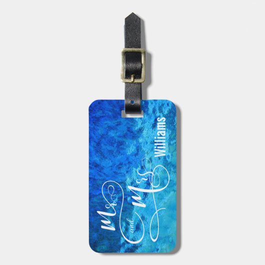 Mr. en mevrouw over blauw glas bagagelabel (Voorkant verticaal)