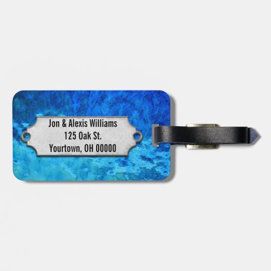 Mr. en mevrouw over blauw glas bagagelabel (Achterkant horizontaal)