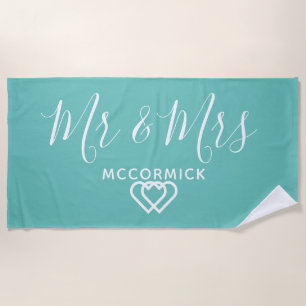 Mr en mevrouw script monogram naam turquoise witte strandlaken
