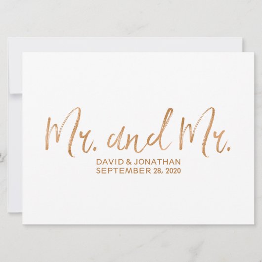 "Mr. en Mr." Gay Wedding Sign | Stijlvol koper Save The Date (Voorkant)