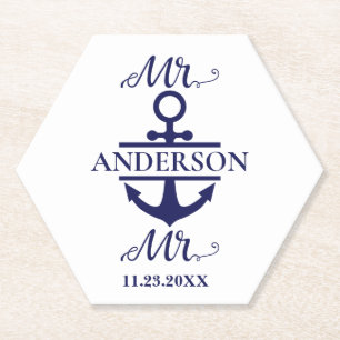 Mr. en Mr. Nautical Anchor Gay Wedding Kartonnen Onderzetters