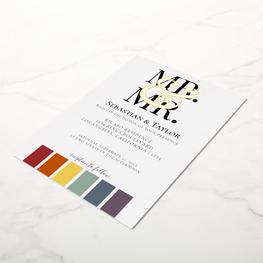 Mr. en Mr. Rainbow Gay Elegant Wedding Folie Uitnodiging (Gedraaid)