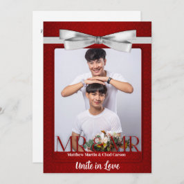 Mr en Mr Red Damask Two Grooms Photo Wedding Kaart