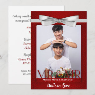 Mr en Mr Red Damask Two Grooms Photo Wedding Kaart