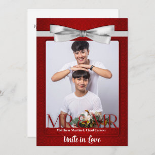 Mr en Mr Red Damask Two Grooms Photo Wedding Kaart