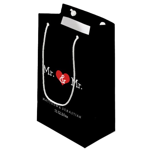 Mr en Mr Red Heart Wedding Personalized Klein Cadeauzakje (Voorkant Gekanteld)