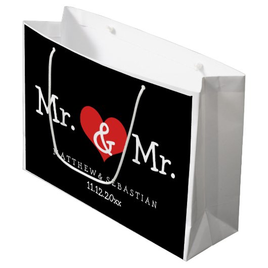 Mr en Mr Red Heart Wedding Personalized Large Cadeautasje (Voorkant Gekanteld)