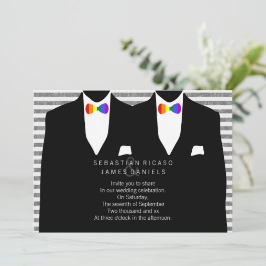 Mr. en Mr. Suit en Rainbow Bow Stropdas Gay Weddin Kaart (Staand voorkant)