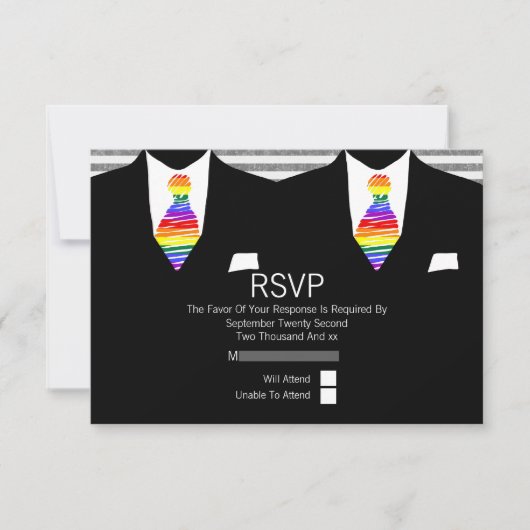 Mr en Mr. Suit en Rainbow Stropdas Gay Wedding RSV RSVP Kaartje (Voorkant)