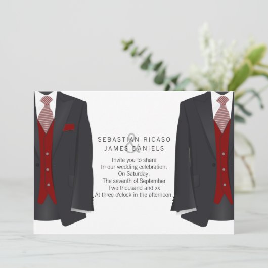 Mr en Mr Suit en Red Stropdas Gay Wedding Aankondiging (Staand voorkant)