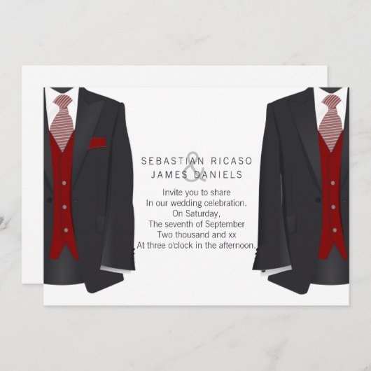 Mr en Mr Suit en Red Stropdas Gay Wedding Aankondiging (Voorkant / Achterkant)