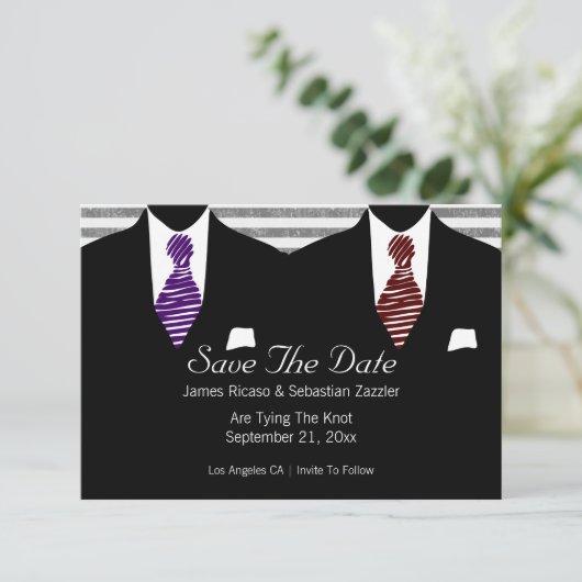 Mr. en Mr. Suit en Stropdas Gay Save the Date Wedd (Staand voorkant)