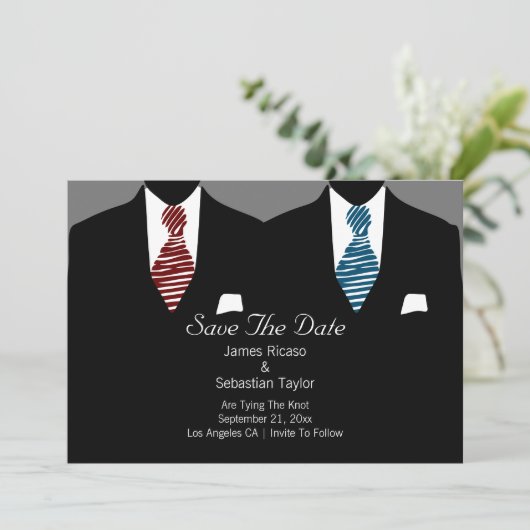 Mr. en Mr. Suit en Stropdas Gay Save the Date Wedd (Staand voorkant)
