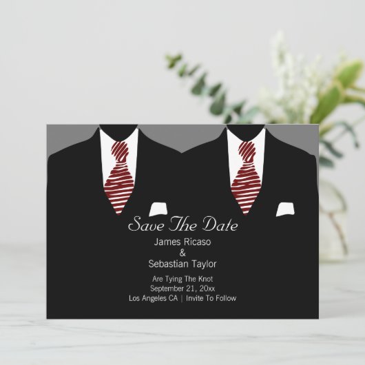 Mr. en Mr. Suit en Stropdas Gay Save the Date Wedd (Staand voorkant)