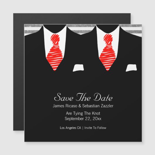 Mr. en Mr. Suit en Stropdas Gay Save the Date Wedd Magnetische Uitnodiging (Voorkant / Achterkant)