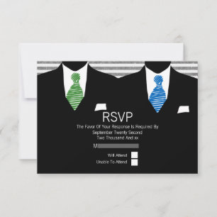Mr en Mr Suit Groen Blauw Stropdassen Gay Bruiloft RSVP Kaartje