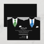 Mr en Mr Suit Groen Blauw Stropdassen Gay Bruiloft RSVP Kaartje (Voorkant / Achterkant)