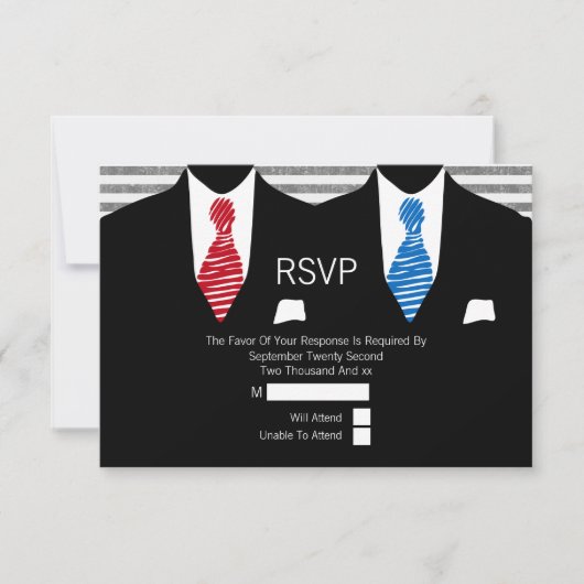 Mr en Mr Suit Red Blue Stropdassen Gay Wedding RSV RSVP Kaartje (Voorkant)