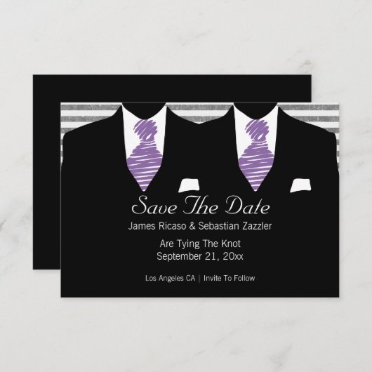 Mr. en Mr. Two Suits Gay Wedding Paars Save The Date (Voorkant / Achterkant)