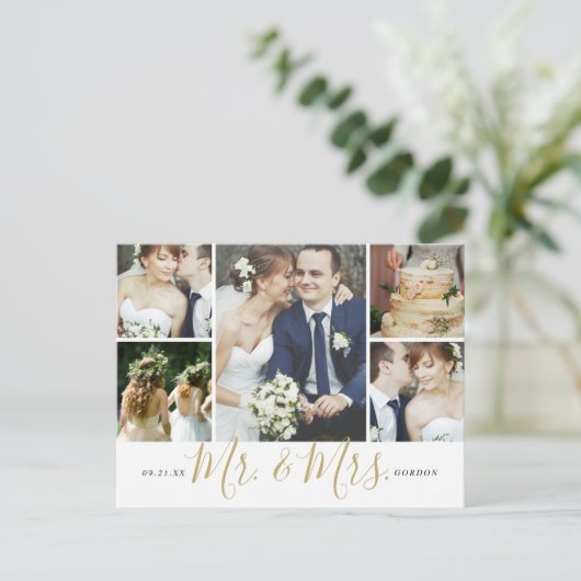 Mr en Mrs 5 Photo Collage Bruiloft Dank u Briefkaart (Staand voorkant)