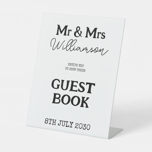 Mr en Mrs Black and White bruiloft gastenboek Reclamebord Met Voetstuk (Voorkant)