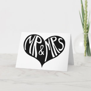 Mr. en Mrs Black and White Heart Shape Wedding Kaart