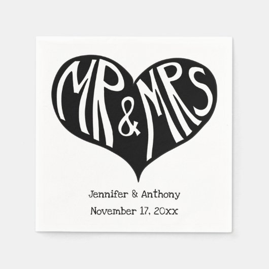 Mr. en Mrs Black and White Heart Shape Wedding Servet (Voorkant)
