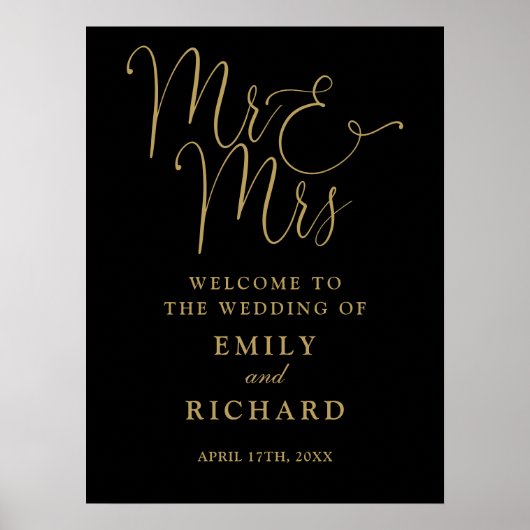 Mr en Mrs Black en Gold bruiloft welkom teken Poster (Voorkant)