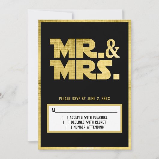 Mr en Mrs Black Gold Sci Fi Bruiloft RSVP Kaart (Voorkant)